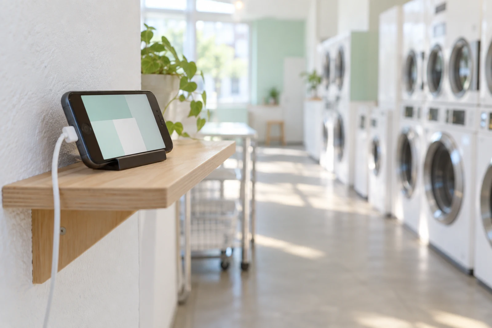店の壁の棚に置かれた古いスマホ。背面のカメラが洗濯機の列に向いている（AI生成のイメージ）